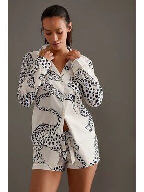 Desmond & Dempsey‎ small cream jaguar print pajama sleep shirt loungewear cotton